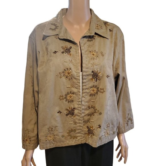 NEW Chicos Sz 2 (L) Rana Bolita Beaded Embroidered Open Front Blazer Jacket Tan - Picture 1 of 13